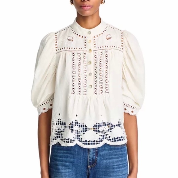 FARM Rio Tops - FARM Rio Romantic Richelieu Puffed Sleeve Blouse